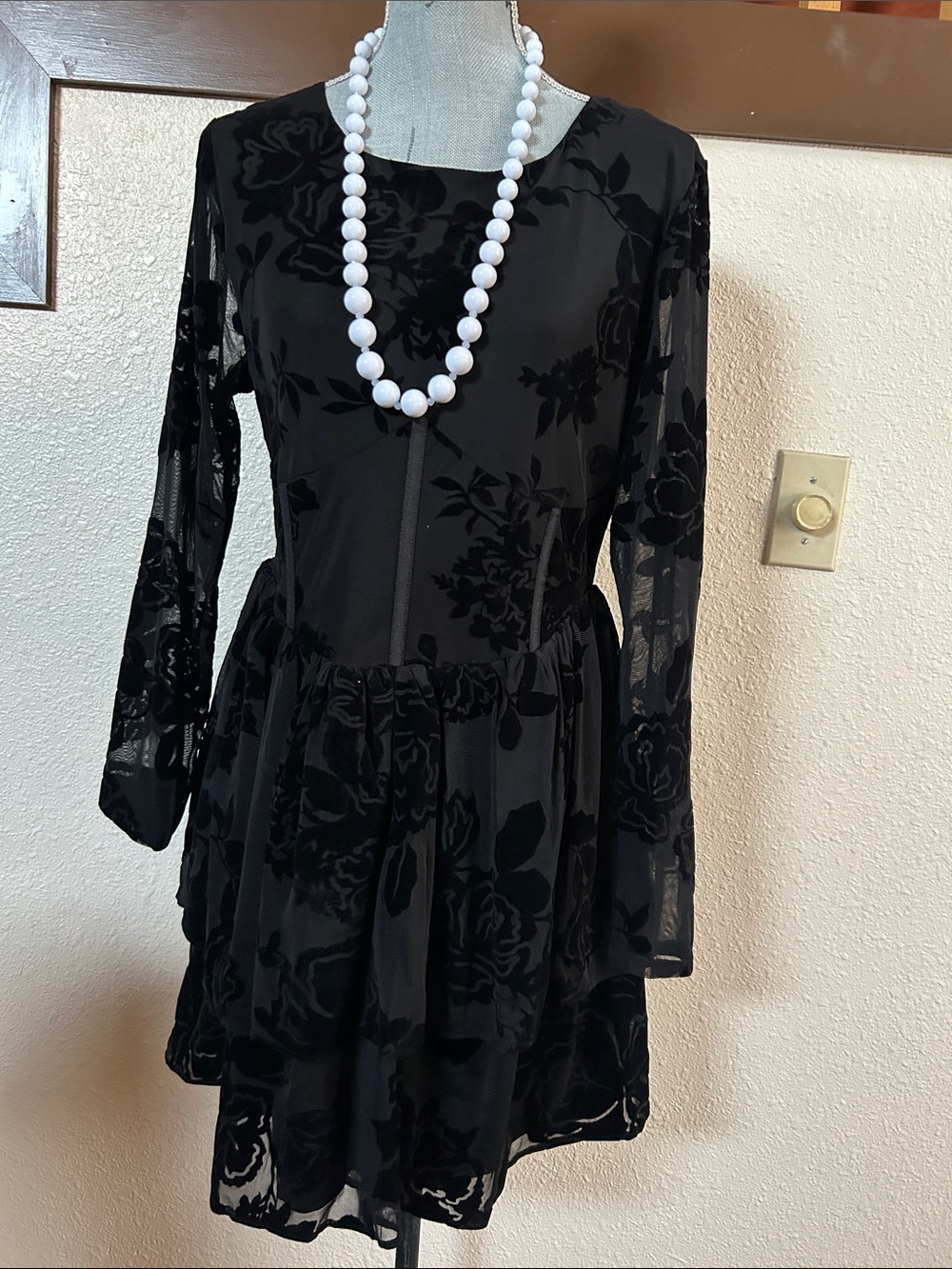 Black Floral Burnout Long Sleeve Tiered Dress with Sheer Overlay